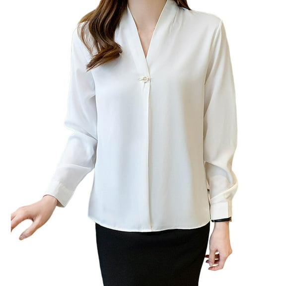 Olyvenn Women V-Neck Solid Color Long Sleeve Chiffon Shirt with Button Detail for Fall Fashion Blouse Tops White L