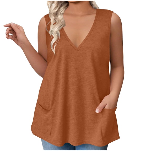 Olyvenn Women V Neck Tank Tops with Pockets Plus Size Summer Loose Casual Basic Solid Color Sleeveless Shirts Tunic Tops Coffee XXL