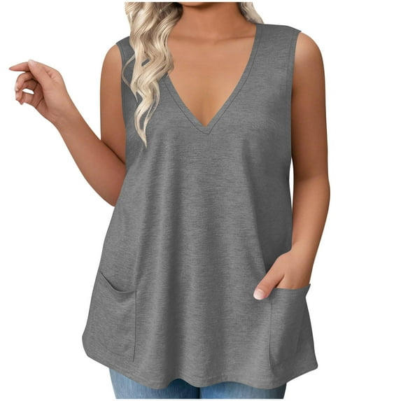 Olyvenn Women V Neck Tank Tops with Pockets Plus Size Summer Loose Casual Basic Solid Color Sleeveless Shirts Tunic Tops Gray XXL