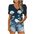 thumbnail image 1 of Olyvenn Women V Neck Top Blouses for Women Short Sleeve Daisy Elegant Floral Graphic Loose Fit Puff Sleeve Summer Fall Shirts 2025 Trendy Navy M, 1 of 5