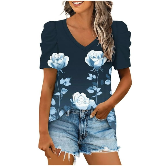 Olyvenn Women V Neck Top Blouses for Women Short Sleeve Daisy Elegant Floral Graphic Loose Fit Puff Sleeve Summer Fall Shirts 2025 Trendy Navy XL