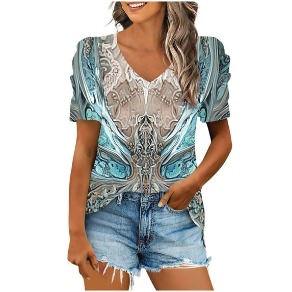 Olyvenn Women V Neck Top Blouses for Women Short Sleeve Daisy Trendy Floral Graphic Loose Fit Puff Sleeve Summer Fall Shirts 2025 Trendy Blue S