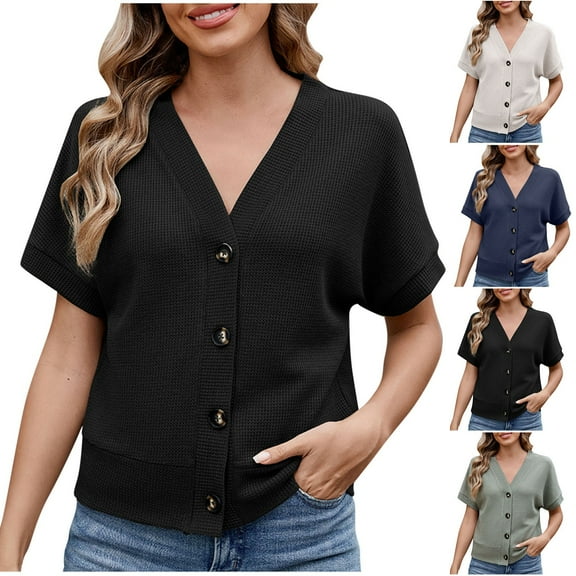 Olyvenn Women Waffle Knit Button Down T-Shirts Dressy Short Sleeve V Neck Cropped Tops Casual Loose Fit Office Work Blouses Black XL