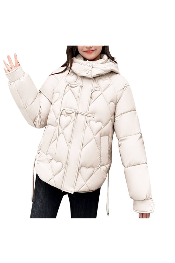 Women Warm Hooded Padded Jacket Coat Solid Casual Long Sleeve Thick Pockets Outerwear Heart Pattern Cotton Jackets Beige L