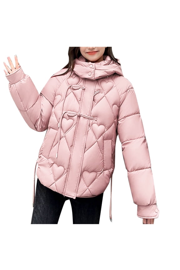 Women Warm Hooded Padded Jacket Coat Solid Casual Long Sleeve Thick Pockets Outerwear Heart Pattern Cotton Jackets Pink XL