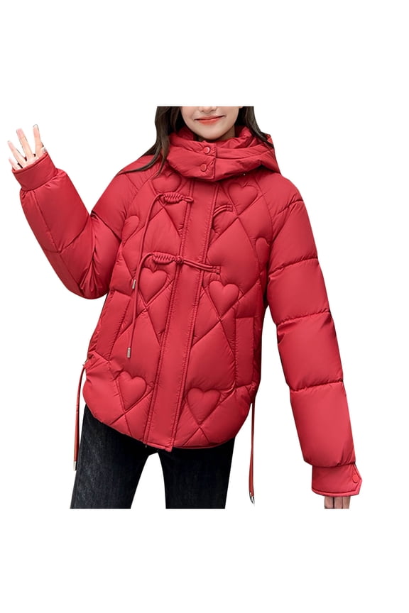 Women Warm Hooded Padded Jacket Coat Solid Casual Long Sleeve Thick Pockets Outerwear Heart Pattern Cotton Jackets Red M