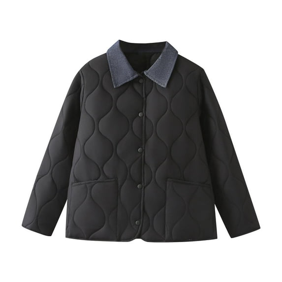 Olyvenn Women Winter Cotton Quilted Coat Casual Lightweight Puffer Jacket Long Sleeve Button Lapel Down Outerwear with Pocket Black XXXL