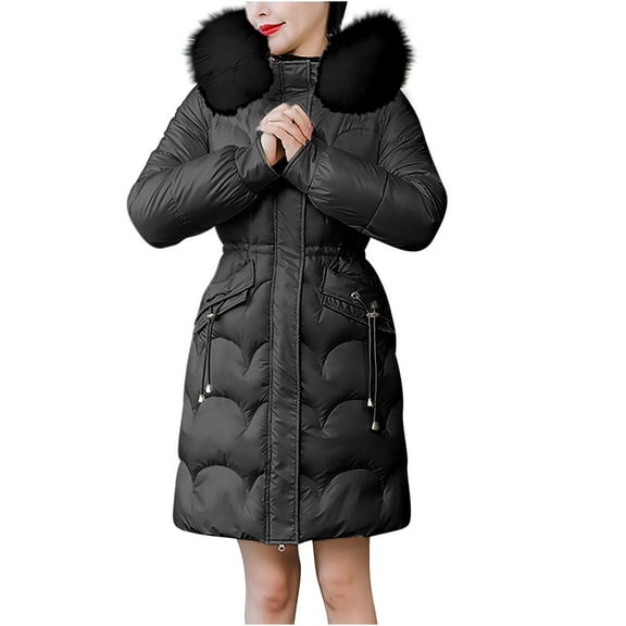 Olyvenn Women Winter Jacket Parkas Glossy Down Cotton Jacket Long Sleeve Hooded Parka Cotton Padded Jacket Outwear Black L