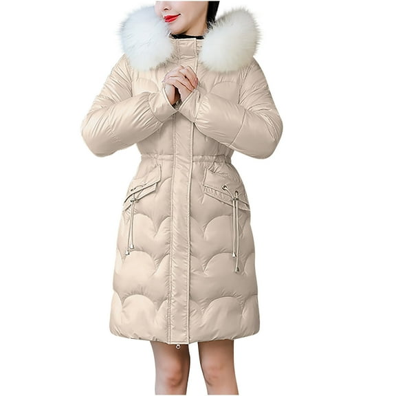 Olyvenn Women Winter Jacket Parkas Glossy Down Cotton Jacket Long Sleeve Hooded Parka Cotton Padded Jacket Outwear Khaki L