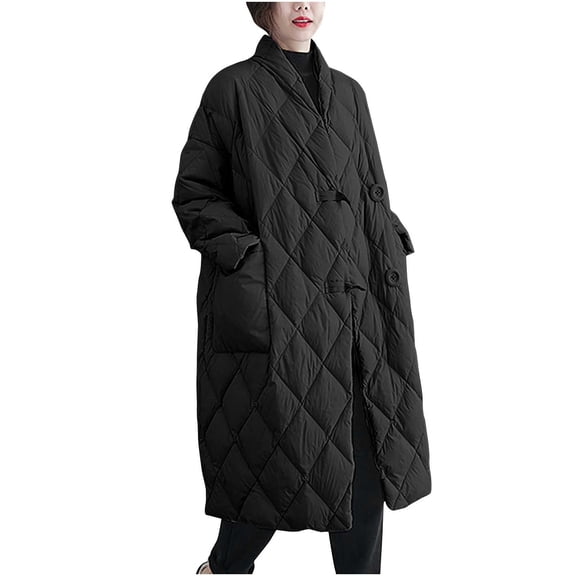 Olyvenn Women Winter Long Quilted Coat Loose Warm Outwear Stand Collar Zipper Pockets Overcoat Plus Size Parka Outwear Jackets Ladies Thickening Clothes Black 8