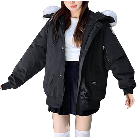 Olyvenn Women Winter Parka with Pockets Short Down Warm Cotton Padded Fashion Faux Fur Hooded Down Jacket Outwear Black XL
