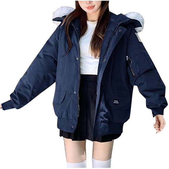 Olyvenn Women Winter Parka with Pockets Short Down Warm Cotton Padded Fashion Faux Fur Hooded Down Jacket Outwear Blue XL