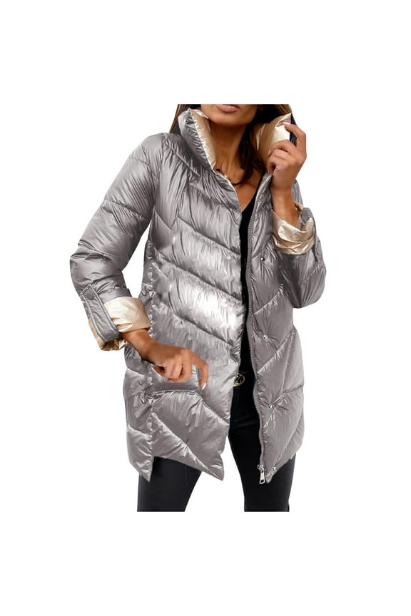 Women Winter Warm Down Jacket Stand Collar Long Sleeve Zip Up Quilted Puffer Coat Outwear Shiny Metallic Color Padded Parkas Overcoat Silver 12