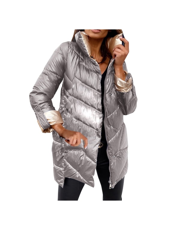 Women Winter Warm Down Jacket Stand Collar Long Sleeve Zip Up Quilted Puffer Coat Outwear Shiny Metallic Color Padded Parkas Overcoat Silver 8