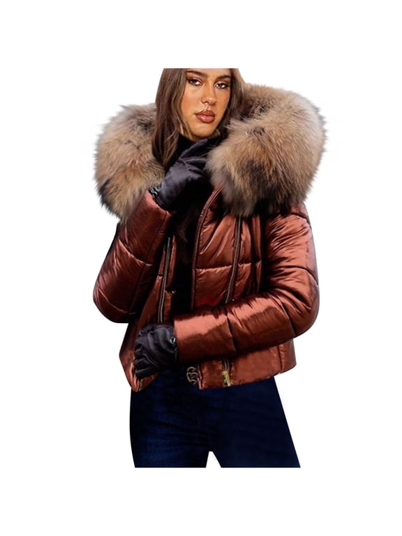 Women Winter Warm Thicken Puffer Down Jacket Thick Slim Flash Coat Down Outdoor Faux Fur Collar Hood Parka Short Slim Jacket Brown L