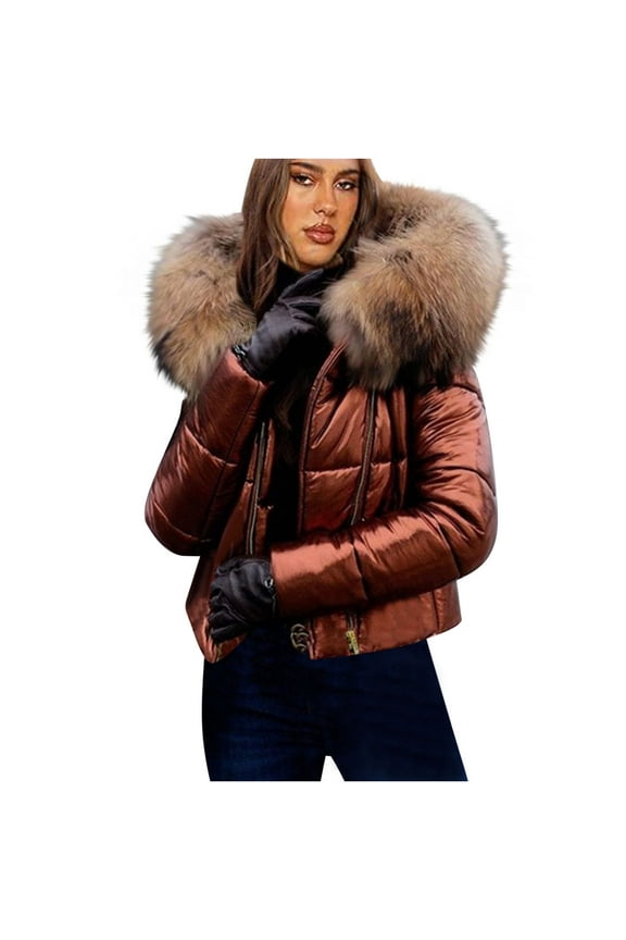Women Winter Warm Thicken Puffer Down Jacket Thick Slim Flash Coat Down Outdoor Faux Fur Collar Hood Parka Short Slim Jacket Brown S