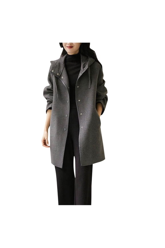 Women Wool Blend Coat Winter Single Breasted Hooded Fashion Fall Winter Jacket Business Casual Solid Color Overcoat Gray M