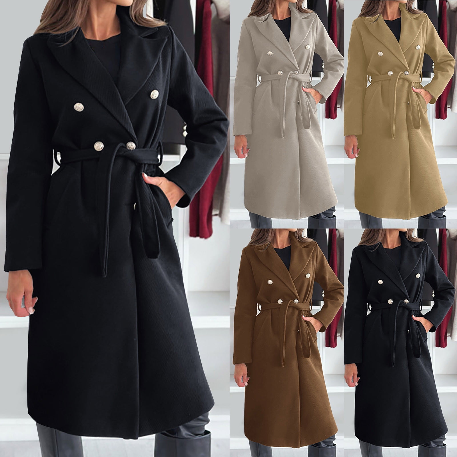 Olyvenn Women Wool Blend Pea Coat Stylish Notched Collar Double ...