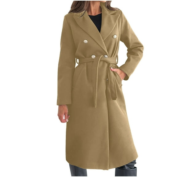 Olyvenn Women Wool Blend Pea Coat Stylish Notched Collar Double Breasted Outerwear Jacket Belted Office Work Coats Elegant Dress Coat Khaki S
