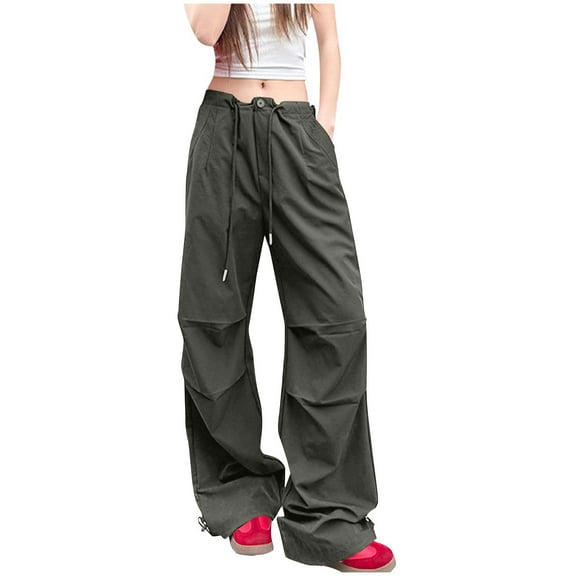Olyvenn Women Y2K Cargo Pants Casual Elastic Waist Drawstring Wide Leg Trousers Summer Lounge Lightweight Pants with Pockets Army Green XL