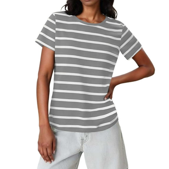 Olyvenn Women Y2k Striped Baby Tees Short Sleeve Fitted T Shirts Vintage Crewneck Going Out Cropped Tops Basic Streetwear Gray XL