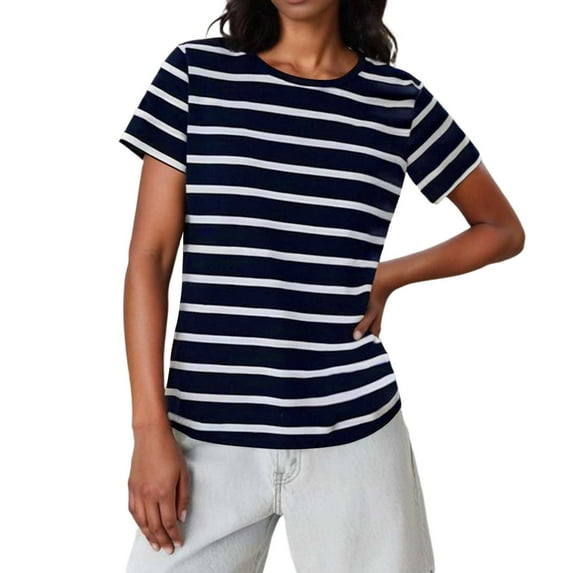 Olyvenn Women Y2k Striped Baby Tees Short Sleeve Fitted T Shirts Vintage Crewneck Going Out Cropped Tops Basic Streetwear Navy XL