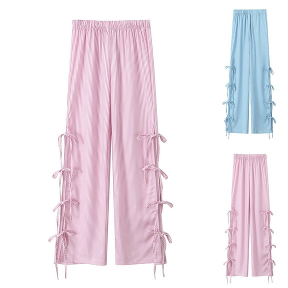 Olyvenn Women Y2k Striped Long Pants Bow Tie Side Slit Wide Leg Lounge Pants Fashion Pants Stacked Pants Baggy Pants Loose Pants with Pockets Blue 6
