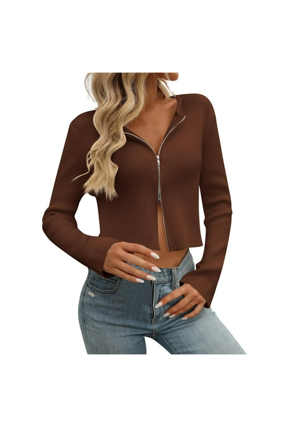 Women Y2k Zip Up Cropped Cardigan Sweater Long Sleeve Solid Color Slim Fit Ribbed Knit Tops Trendy Fall Clothes Coffee S