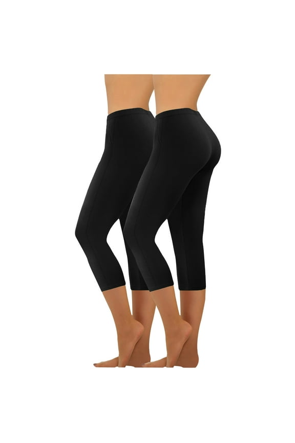 Women's 2-Pack Cotton Capri Leggings Black Stretch Tummy Control Yoga Pants 2PC Capris for Women Trendy 2024 Black 8
