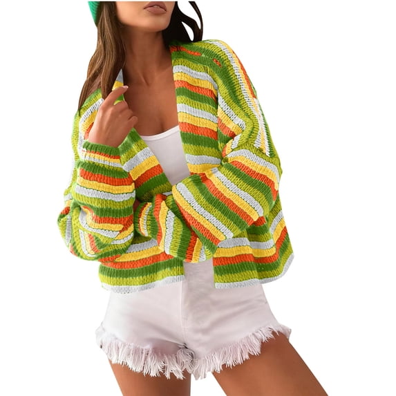 Olyvenn Women's 2025 Fall Contrast Color Striped Cardigan Sweater Long Sleeve Open Front Chunky Knit Cardigan Jacket Yellow M