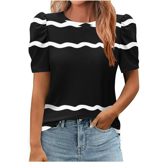 Olyvenn Women's 2025 Summer Short Puff Sleeve Knit Tops Trendy Crewneck Striped Shirts Dressy Casual Blouses Black S