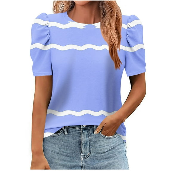 Olyvenn Women's 2025 Summer Short Puff Sleeve Knit Tops Trendy Crewneck Striped Shirts Dressy Casual Blouses Sky Blue S