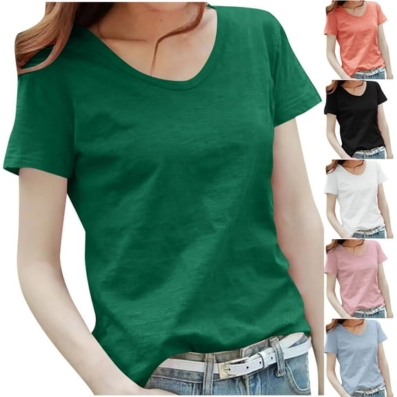 Olyvenn Women's 2025 Summer Slub Cotton T-Shirt Breathable Scoop Neck Tee Fashion Solid Loose Fit Casual Basic Top Black XXL