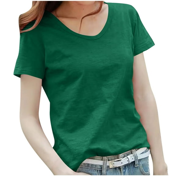 Stylish Olyvenn Women's Summer Slub Cotton T-Shirt Breathable Scoop Neck Tee Fashion Solid Loose Fit Casual Basic Top Green XXXXL