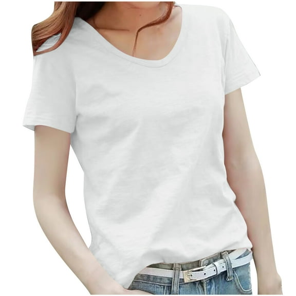 Olyvenn Women's 2025 Summer Slub Cotton T-Shirt Breathable Scoop Neck Tee Fashion Solid Loose Fit Casual Basic Top White XXL