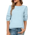 thumbnail image 1 of Olyvenn Women's 2026 Fashion Tops Pleated Puff 3/4 Sleeve T-Shirts Cute Crewneck Basic Business Tees Blouses Blue L, 1 of 9