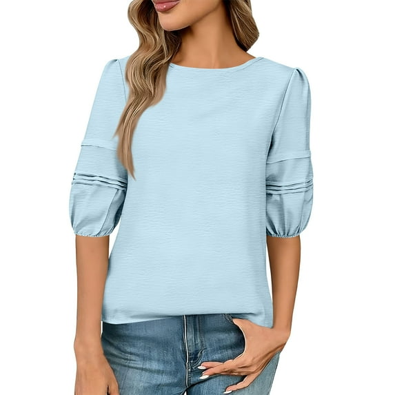 Olyvenn Women's 2026 Fashion Tops Pleated Puff 3/4 Sleeve T-Shirts Cute Crewneck Basic Business Tees Blouses Blue L