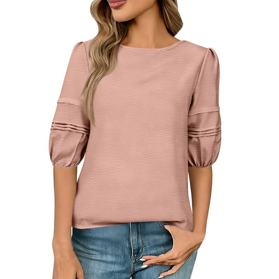 Olyvenn Women's 2026 Fashion Tops Pleated Puff 3/4 Sleeve T-Shirts Cute Crewneck Basic Business Tees Blouses Pink XXL
