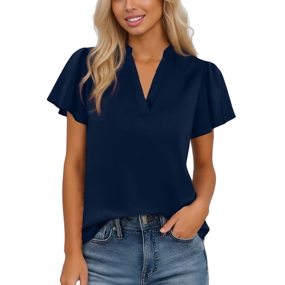 Olyvenn Women's 2026 Summer Blouses Dressy Casual Ruffle Cap Sleeve V Neck Business Work Trendy Cute Tops Spring Outfits Navy XL