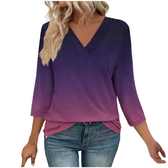 Olyvenn Women's 3/4 Sleeve Shirts V Neck Summer Tops Casual Tunics Tops Basic Tees Blouse Loose Fit Gradient T-Shirts Pink M