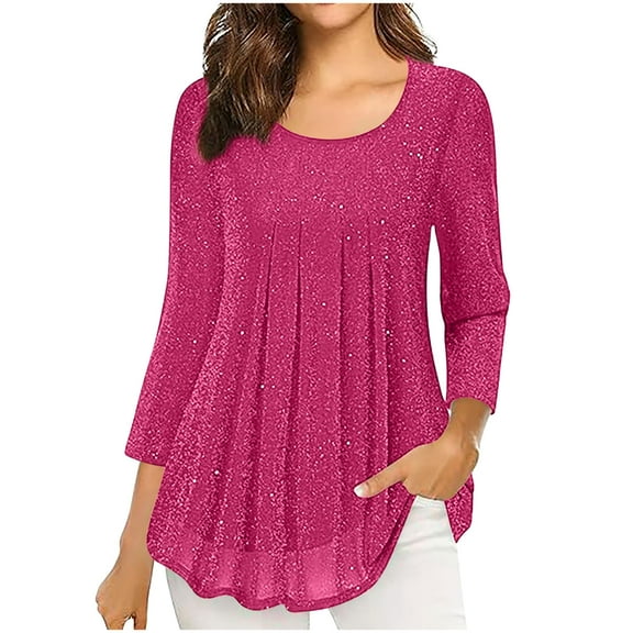 Olyvenn Women's 3/4 Sleeve Tops Elegant Dressy Sparkly Mesh Double Layers Tunic Shirt Casual Work Evening Party Blous Tops Hot Pink S