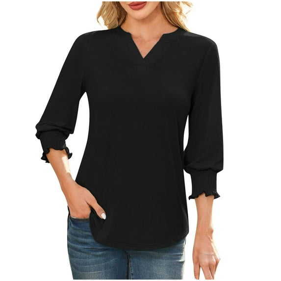 Olyvenn Women's 3/4 Sleeve V Neck Shirt Top 2025 Summer Casual Pleated Blouse Lightweight Comfy Loose Trendy Basic Pullover Black XXL