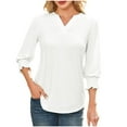 thumbnail image 1 of Olyvenn Women's 3/4 Sleeve V Neck Shirt Top 2025 Summer Casual Pleated Blouse Lightweight Comfy Loose Trendy Basic Pullover White M, 1 of 8