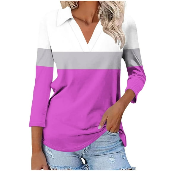 Olyvenn Women's 3/4 Sleeves V Neck Button Collared Shirts 2025 Basic Collar Cute Tees Dressy Casual Color Block Tops Blouses Work Shirt Purple 20-22