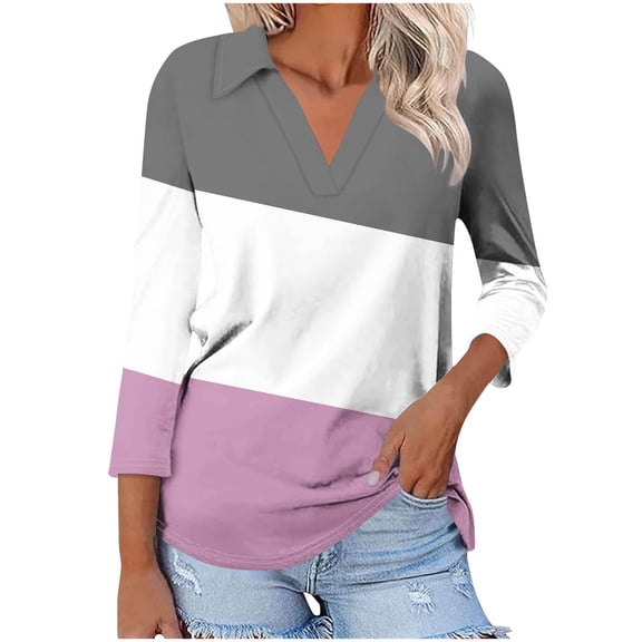 Olyvenn Women's 3/4 Sleeves V Neck Button Collared Shirts 2025 Basic Cute Tunic Tees Dressy Casual Color Block Tops Blouses Work Shirts Pink 20-22