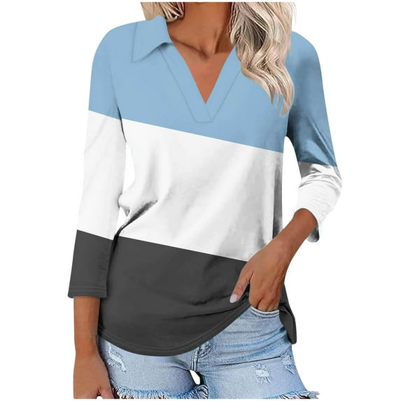 Olyvenn Women's 3/4 Sleeves V Neck Button Collared Shirts 2025 Basic Cute Tunic Tees Dressy Casual Color Block Tops Blouses Work Shirts Sky Blue 20-22