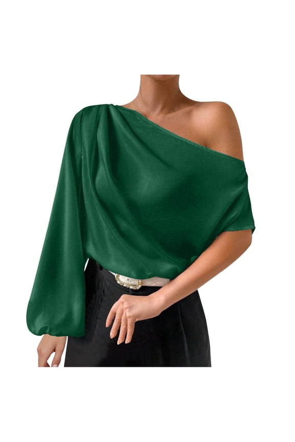 Women's Asymmetrical Neck Long Lantern Sleeve Ruched Blouse Work Office Top One Shoulder Hollowed Blouse Green 10