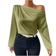 thumbnail image 1 of Olyvenn Women's Asymmetrical Neck Long Lantern Sleeve Ruched Blouse Work Office Top Y2K Off The Shoulder Top Satin Blouses for Women Green 10, 1 of 7