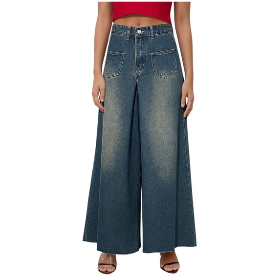 Olyvenn Women's Baggy Jeans Casual High Waisted Pleated Hem Wide Leg Denim Pants Flared Bell-Bottom Denim Pants Culottes Jeans Blue 10