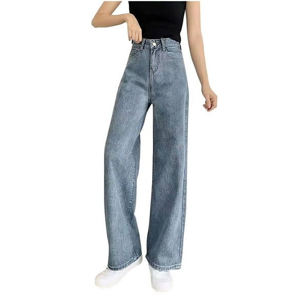 Olyvenn Women's Baggy Jeans Pull On Loose High Waisted Leg Denim Pants Y2K Denim for Wide Leg Jeans Plus Loose Elastic Straight Leg Pants Blue M